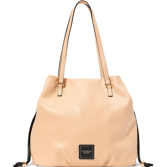 NWT! VICTORIA'S SECRET LARGE BEIGE/BLK/GOLD DRAWSTRING TOTE BAG - Picture 5 of 8